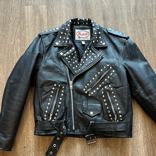 Route 66 studded black leather motorcycle jacket,black, 38