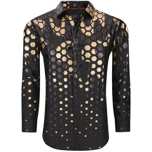 Black Gold Suslo Couture Metallic Stretch Black Gold Hexagon Shapes Long Sleeve Shirt, Large