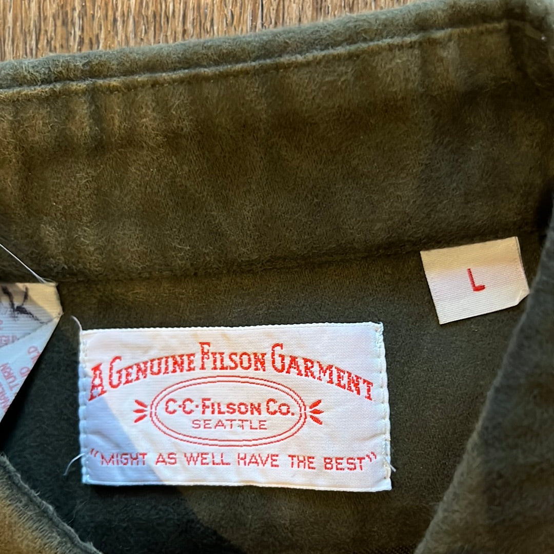 Filson 852 men's heavy duty brushed cotton olive green long sleeve button front shirt, L
